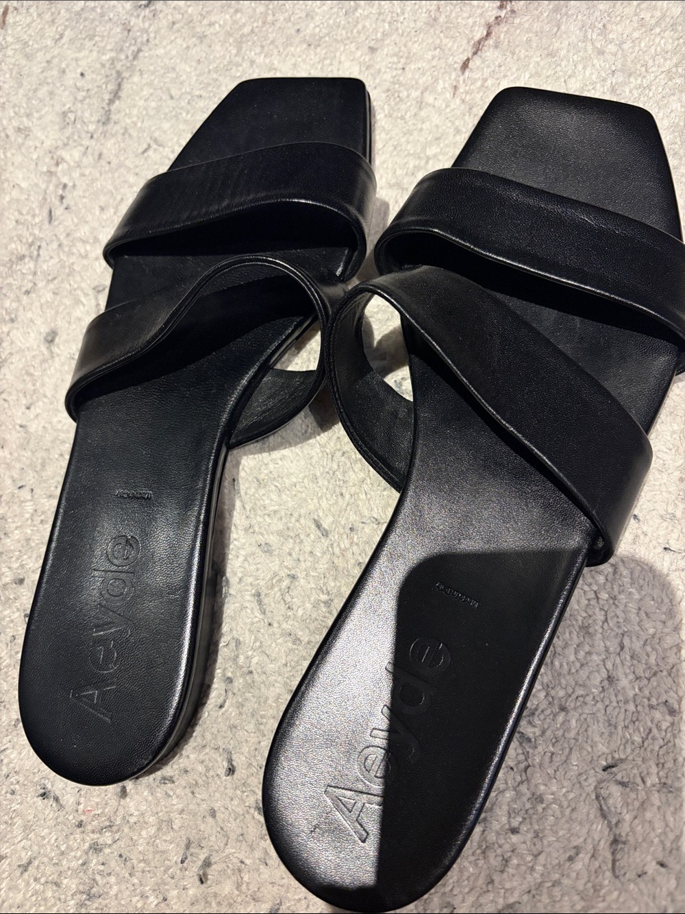Aeyde Black Leather Crossover Slide Mules